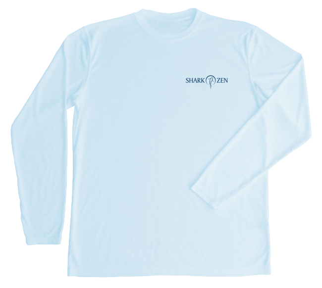Front of Manta Ray arctic blue peformance shirt with Shark Zen logo on left chest in blue.