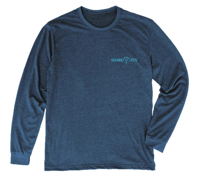 Front of healther navy long sleeve mako shark t-shirt with Shark Zen front left chest logo