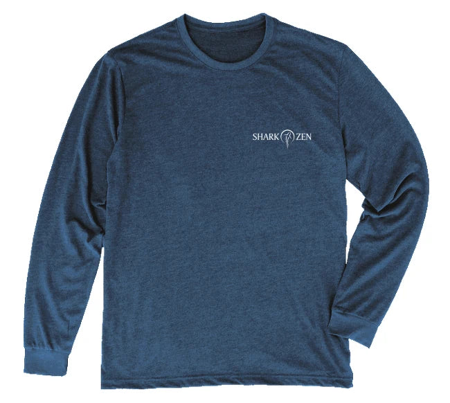 Front of heather navy long sleeve thresher shark t-shirt with Shark Zen front left chest logo