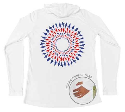 Womens Long Sleeve UV Red White & Blue Great White Shark Mandala Swim Hoodie