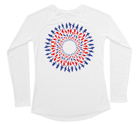 Great White Shark Mandala Red White and Blue Womens Swim Shirt