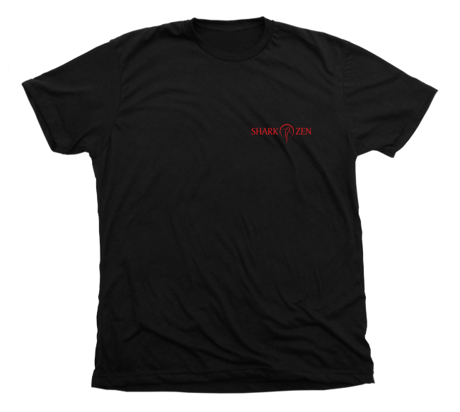 Front of black great white shark Reggae t-shirt, red Shark Zen logo on front left chest.
