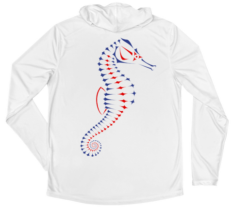 Men's Long Sleeve Red White & Blue Seahorse Hooded Sun Shirt