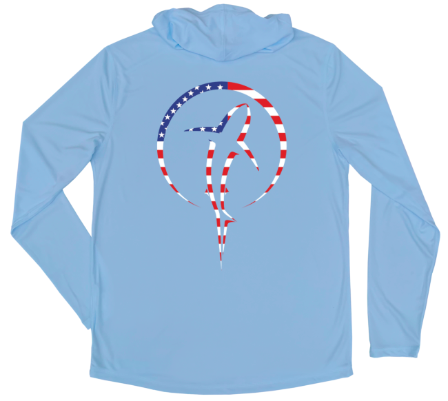 Men's Long Sleeve Shark Zen American Flag Hooded Sun Shirt with White Shark Zen Front Left Chest Logo - Columbia Blue