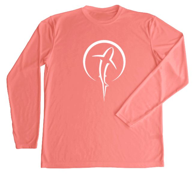 Shark Zen Performance Shirt with Shark Zen symbol in white on salmon fabric on front