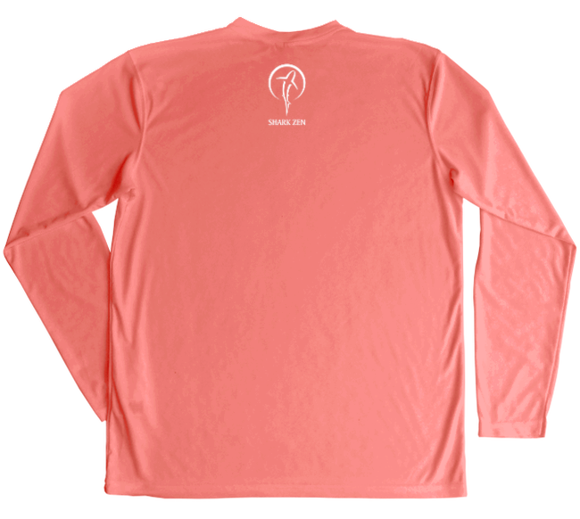 Shark Zen Performance Shirt Shark Zen logo upper back in white on salmon fabric