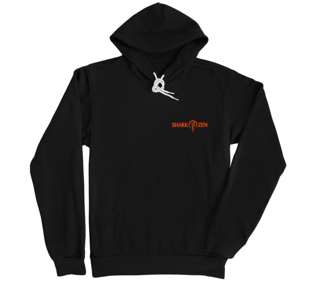 Front of Black fleece hoodie with orange Shark Zen logo on left chest