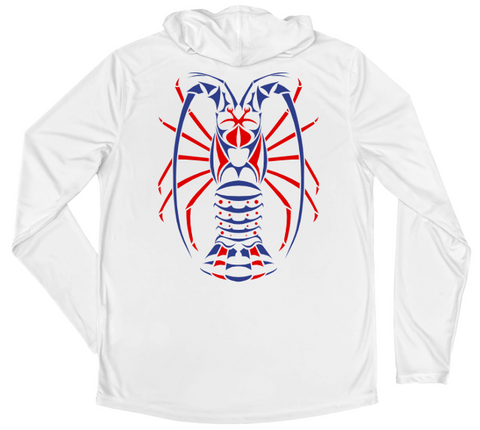 Men's Long Sleeve Red White & Blue Spiny Lobster Hooded Sun Shirt