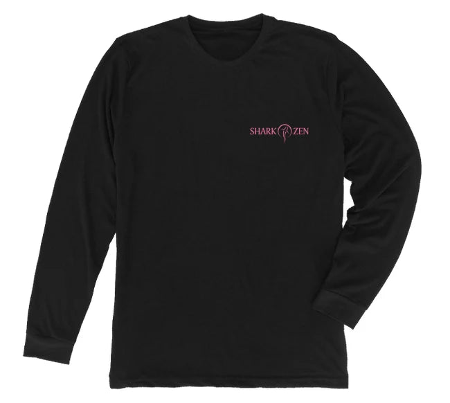 Front of black long sleeve jellyfish t-shirt with Shark Zen front left chest logo