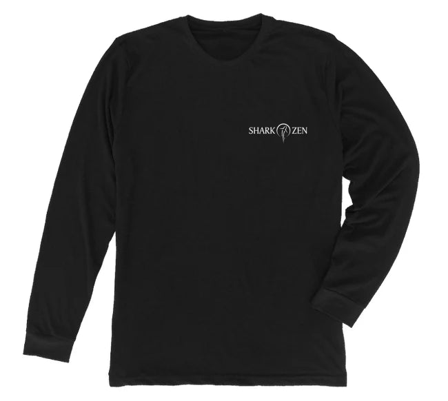 Front of black long sleeve leopard shark t-shirt with Shark Zen front left chest logo