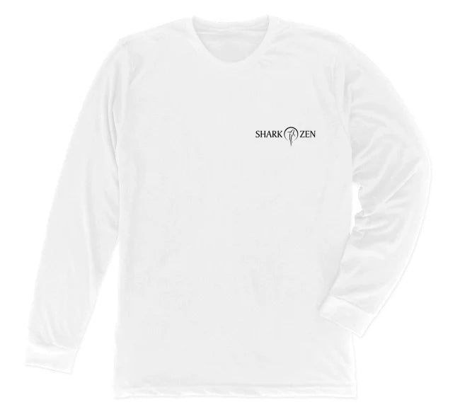 Front of white long sleeve orca t-shirt with Shark Zen front left chest logo