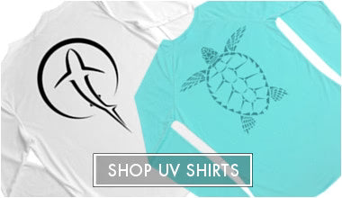 Shop UV Shirts Button with Two UV shirts, one white with a shark design and one turquoise with a turtle design,