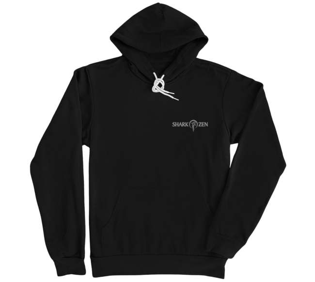 Front of Black fleece hoodie with light grey Shark Zen logo on left chest