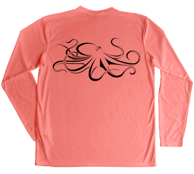 Giant Pacific Octopus Performance Shirt with Giant Pacific Octopus in black on salmon fabric