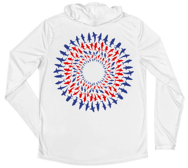 Men's Long Sleeve Red White & Blue Great White Shark Mandala Hooded Sun Shirt