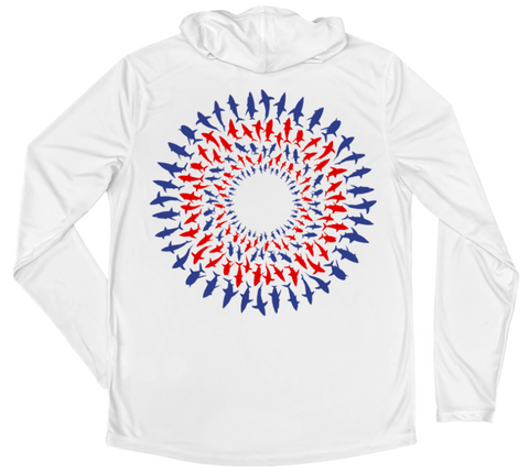 Men's Long Sleeve Red White & Blue Great White Shark Mandala Hooded Sun Shirt