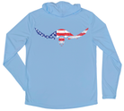Men's Long Sleeve Hawksbill Sea Turtle American Flag Hooded Sun Shirt with White Shark Zen Front Left Chest Logo - Columbia Blue