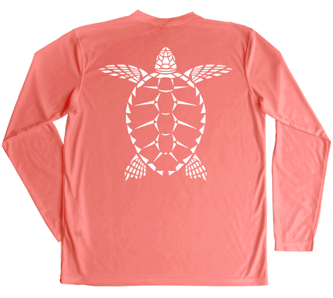 Loggerhead Sea Turtle Performance Shirt with sea Turtle in white on salmon fabric