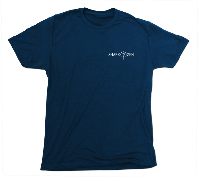 Front of Manta Ray navy short sleeve shirt with Shark Zen logo on left chest in white.