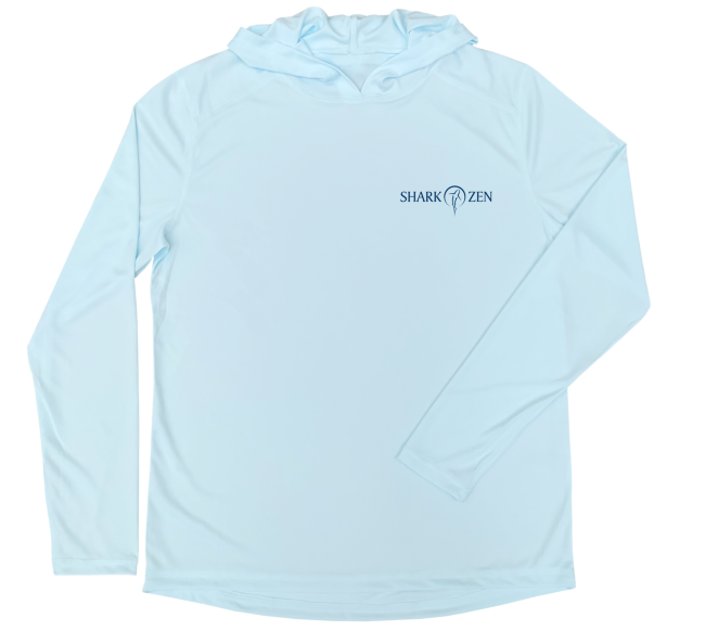Front of Great White Shark arctic blue performance hoodie with Shark Zen logo on left chest in blue.
