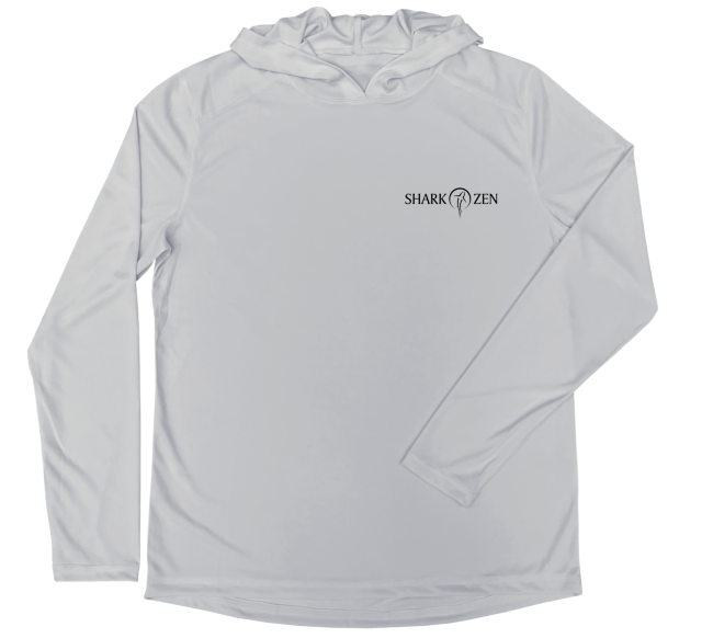 Men’s Leopard Shark Performance Hoodie front view with small Shark Zen logo printed on the left chest of a pearl grey UV performance hoodie.