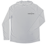Men’s Leopard Shark Performance Hoodie front view with small Shark Zen logo printed on the left chest of a pearl grey UV performance hoodie.