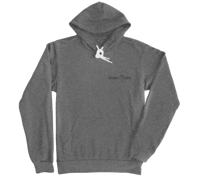 Front of Deep Heather Grey fleece hoodie with black Shark Zen logo on left chest