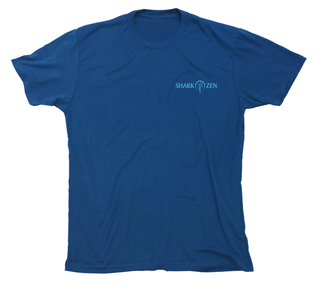Front of cool blue manta ray t-shirt with Shark Zen front left chest logo