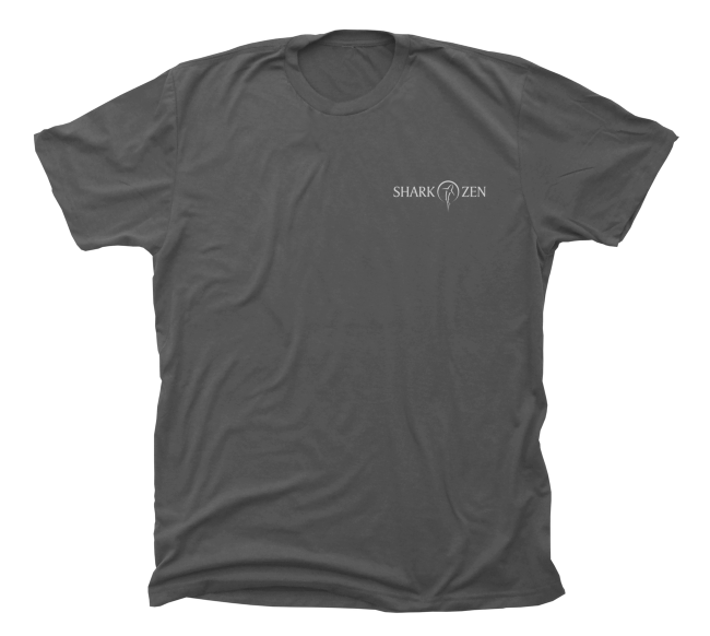 Front of dark grey distilled Octopus t-shirt with Shark Zen front left chest logo