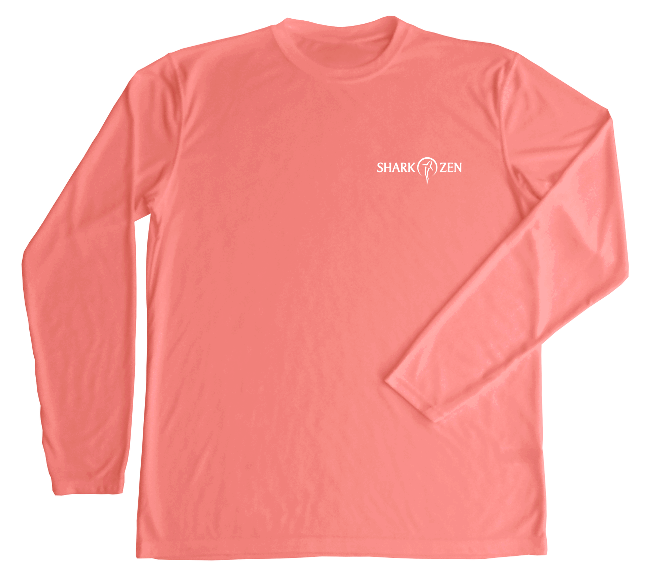 Great Hammerhead Performance Shirt Shark Zen logo front left chest in white on salmon fabric