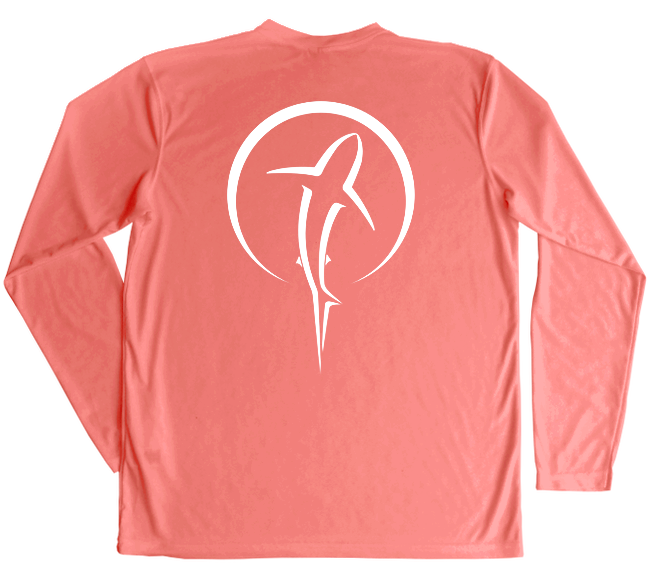Shark Zen Performance Shirt with Shark Zen symbol in white on salmon fabric