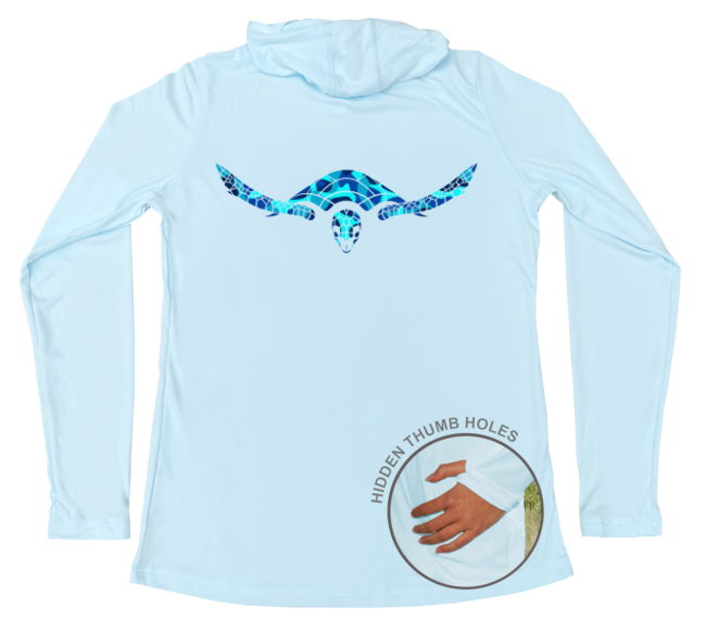 Womens Long Sleeve Water Camouflage Hawksbill Sea Turtle Performance Swim Hoodie