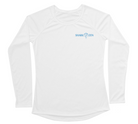Front of white loggerhead sea turtle women's swim shirt, blue Shark Zen logo on front left chest.