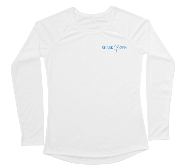 Front of white loggerhead sea turtle women's swim shirt, blue Shark Zen logo on front left chest.