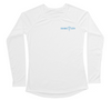 Front of white loggerhead sea turtle women's swim shirt, blue Shark Zen logo on front left chest.