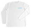 Front of white loggerhead sea turtle swim shirt, Shark Zen blue logo on front left chest.