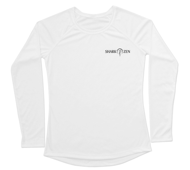 Women’s Leopard Shark Performance Shirt front view with small Shark Zen logo printed on the left chest of a white UV performance shirt.
