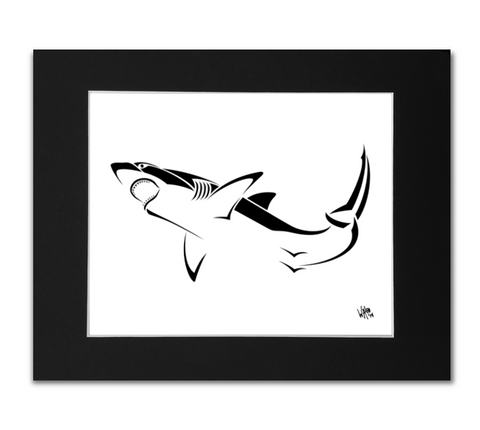Great White Shark Art Print - Black or White Matted Shark Wall Art