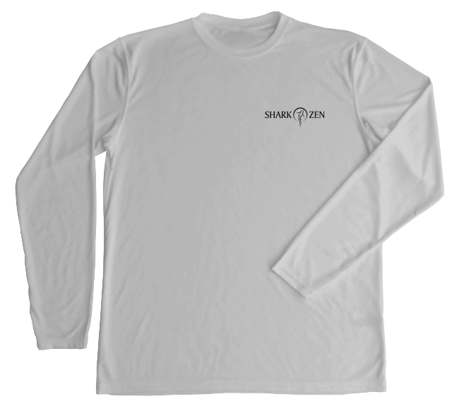 Men’s Leopard Shark Performance Shirt front view with small Shark Zen logo printed on the left chest of a pearl grey UV performance shirt.