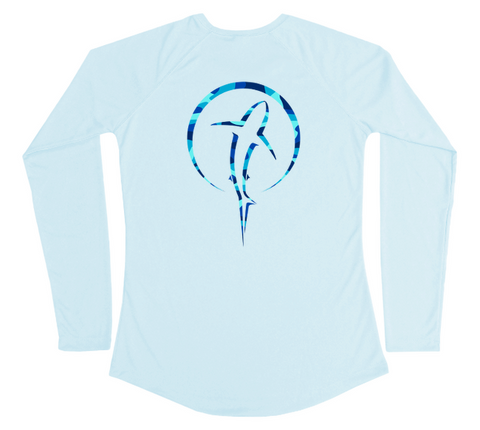Womens Long Sleeve UV Blue Water Camouflage Shark Swim Shirt X-Large / White